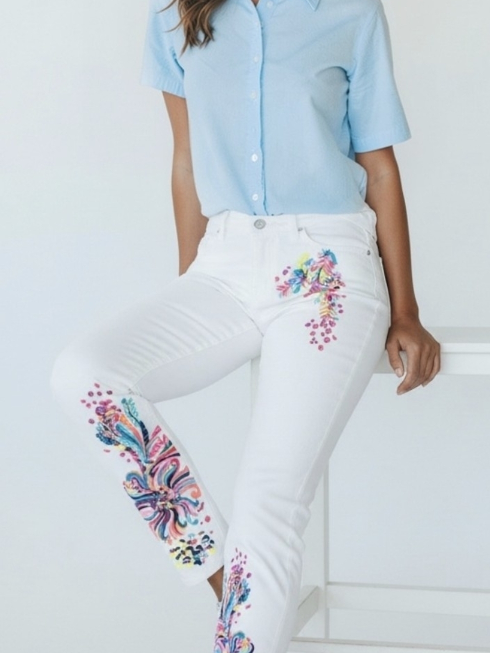 Lilly Pulitzer Ocean Skinny Floral Skinny Jeans in White Size 6